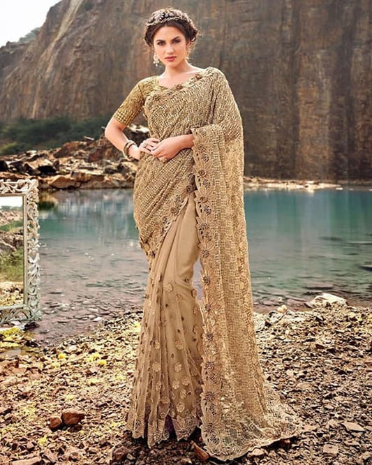 Embroidered Georgette Beige Saree