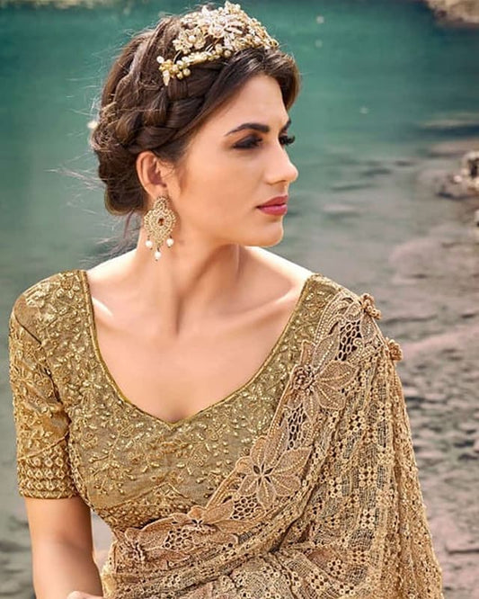 Embroidered Georgette Beige Saree