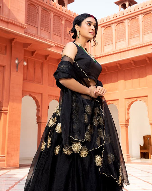 Embelished Organza Black Lehenga