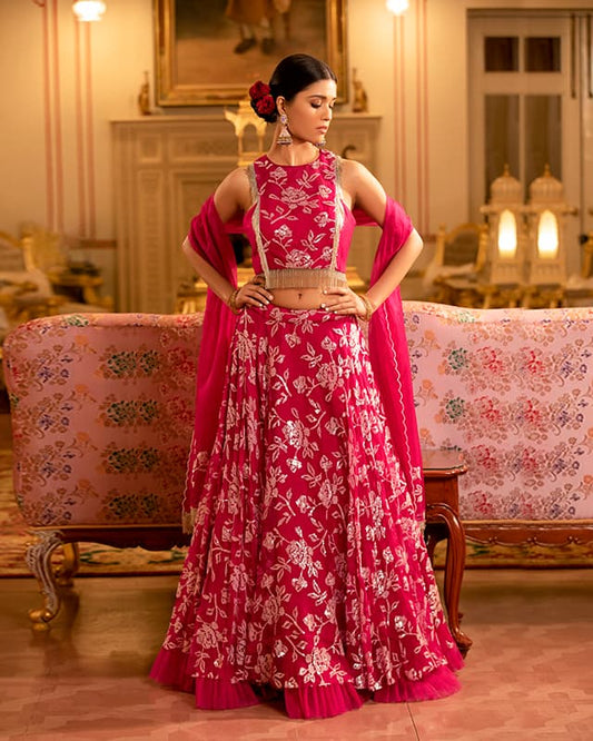Embelished Silk Net Pink Lehenga