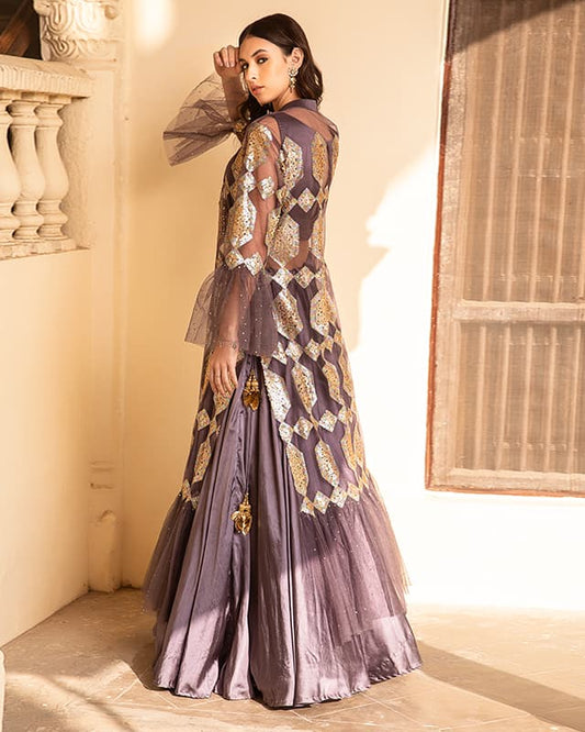 Embelished Silk Net Purple Lehenga with Jacket