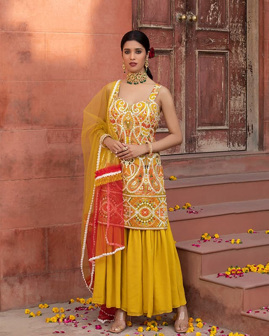 Embroidered Gerogette Yellow Suit