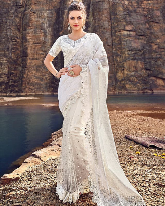 Embroidered Georgette Beige Saree